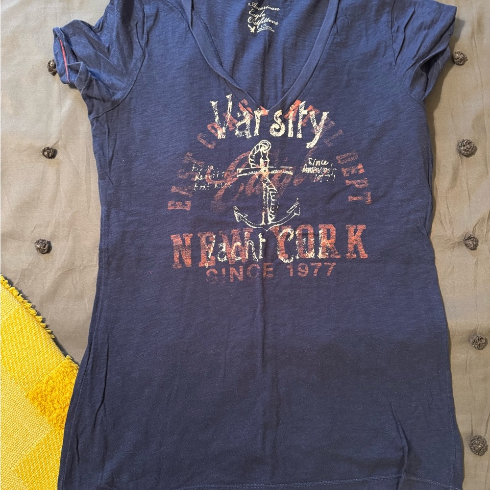 Varsity Blue Fitted Short Sleeve Tee with Pink Graphics
